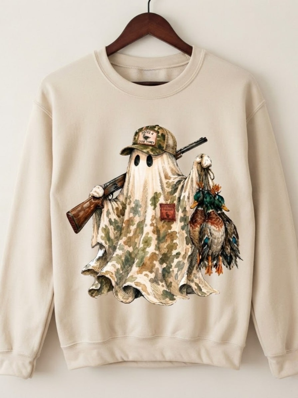 Sand Crewneck Sweatshirt with Hunting Ghost Graphic